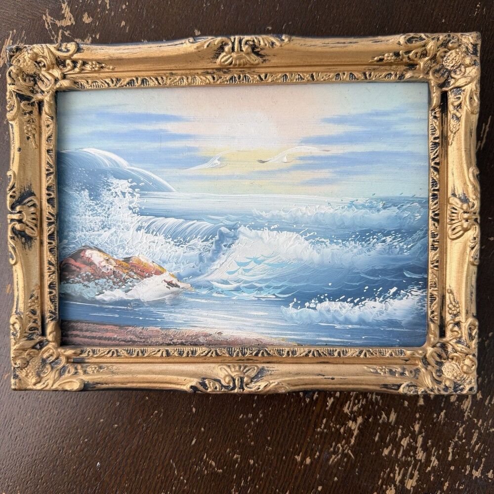 Original Oil Painting 8x6 Ornate Plastic Frame Seascape Ocean Waves Crashing
